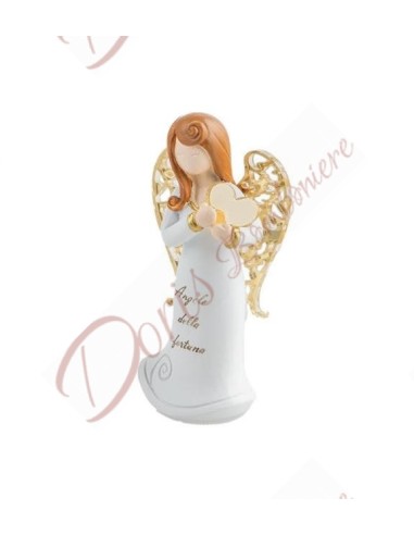 Faveurs d'ange blanc avec phrase ange de fortune, hauteur 6,5 cm avec détails en plexiglas