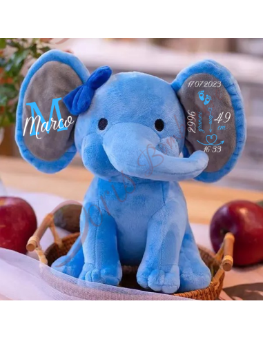 Cadeau de naissance marionnette peluche éléphant personnalisée avec prénom et données de naissance 25 cm