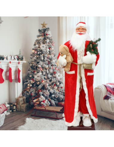 Père Noël en mouvement, taille humaine, mesurant 180 cm, vêtu d'un costume en velours avec peluches et cadeaux