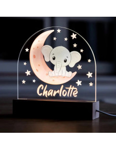 Personalized baptism lamp favors with baby elephant on the moon and stars with name