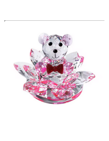 Faveur de baptême de fleur de lotus en cristal pour filles avec ours en peluche rose