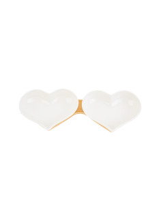 Wedding favors set of white porcelain heart bowls with wooden base 25.5x10.x5x4 cm with gift box