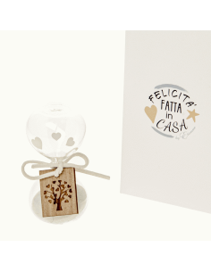 Hourglass favor with hearts and wooden tree of life tag with white glass box height 10 cm