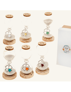 Hourglass favors with wooden base and engraved phrase pendant four-leaf clover colored petal cm 11