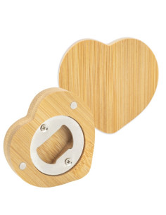 Bomboniera apribottiglie magnetico in legno di bambu  e metallo forma di cuore