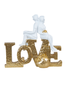 Wedding or anniversary favor stylized couple on gold love writing