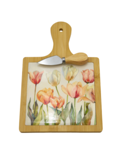 Favors Nützliches Küchen-Schneidebrett aus Holz mit Messer und Tulpenmuster, Eleganz und Funktionalität