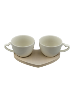 Wedding Favor Useful Set of 2 Coffee Cups with Wooden Heart Base Elegance and Functionality