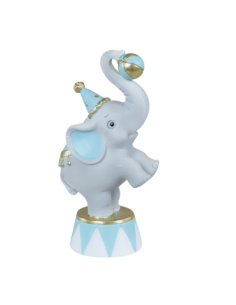 Bomboniera battesimo nascita bambino elefante circo celeste su pedana cm 6,2x4,7x12,7