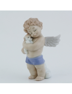 Favors angel standing with puppy in glossy porcelain and gift box included height 9.5 cm