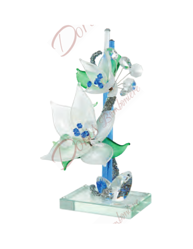 Lilien-Skulptur cm 20 mit Murano-Blüten und meerwasserfarbenen Kristallen