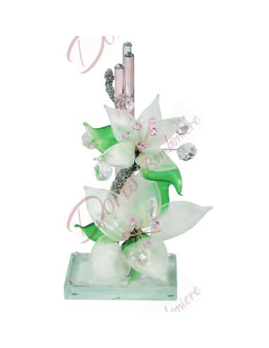 Lilien-Skulptur 20 cm mit Murano-Blüten und PINK-Kristallen